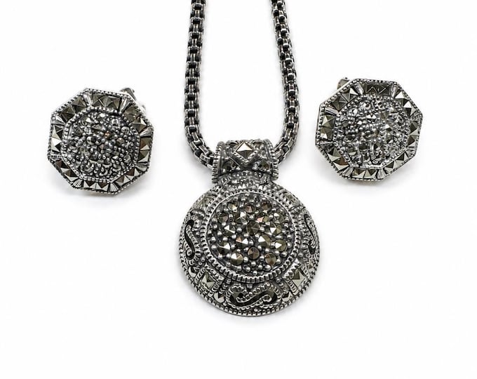 Vintage Judith Jack Sterling Silver Marcasite Necklace & Earrings Set