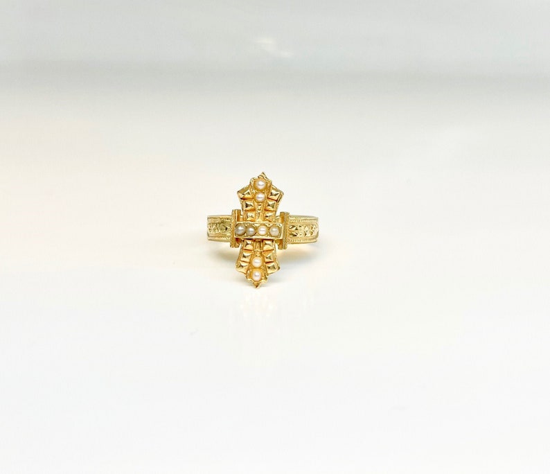 Yellow Gold Seed Pearl Ring, Victorian Style Ring, Victorian Pearl Ring, Victorian Style June Birthstone Ring image 2