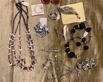 Bag Lot of Jewelry Bits and Pieces, Rhinestone, Heshe Necklace, Broken Jewelry, Jewelry Parts, Earrings