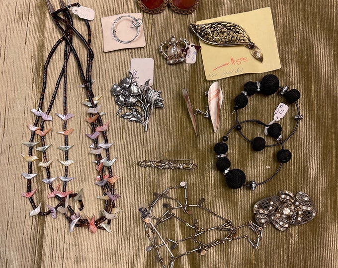 Bag Lot of Jewelry Bits and Pieces, Rhinestone, Heshe Necklace, Broken Jewelry, Jewelry Parts, Earrings