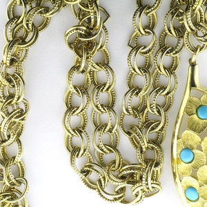 1960's Gold Tone Fun Necklace with Faux Turquoise Flower Design Pendant Faux Turquoise Pendant Long Necklace Great Necklace to Layer image 2