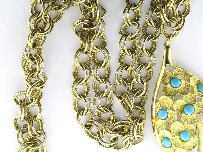 1960's Gold Tone Fun Necklace with Faux Turquoise Flower Design Pendant Faux Turquoise Pendant Long Necklace Great Necklace to Layer image 2