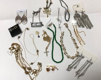 Bag Lot of Bits and Pieces of Costume Jewelry, Earrings, Necklaces, Crosses, Jade Macramé Necklace, Up Cycle Jewelry, Recycle Jewelry