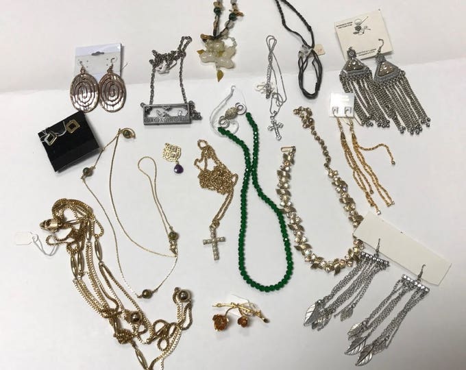 Bag Lot of Bits and Pieces of Costume Jewelry, Earrings, Necklaces, Crosses, Jade Macramé Necklace, Up Cycle Jewelry, Recycle Jewelry