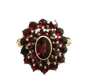 Vintage Yellow Gold Garnet Cluster Ring, January Birthstone Ring