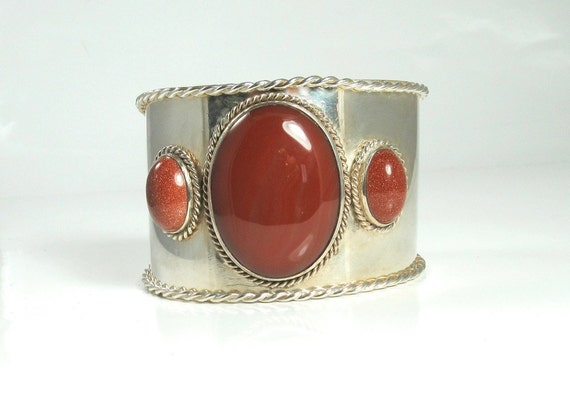 Sterling Silver Sardonyx and Gold Stone Cuff Brace