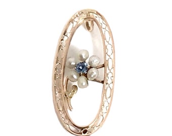 Yellow Gold Filigree Pendant set with Round Brilliant Blue Sapphire and Seed Pearls