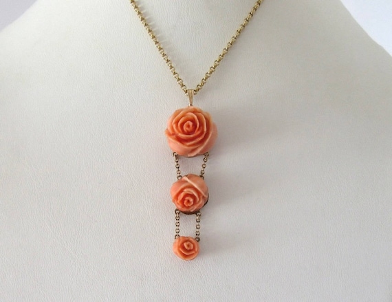 Carved Coral Pendant, Carved Coral Roses, Coral Pe