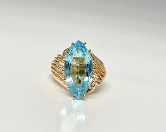 Vintage Yellow Gold Blue Topaz Ring, Vintage Blue Topaz Ring, Marquise Cut Blue Topaz Ring