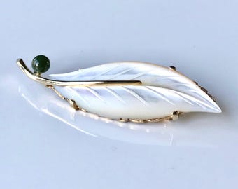 Mother of Pearl and Jade Vintage Brooch - Delicate Feather or Leaf Design