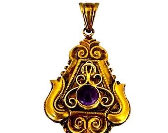 14 Karat Yellow Gold Etruscan Amethyst Pendant