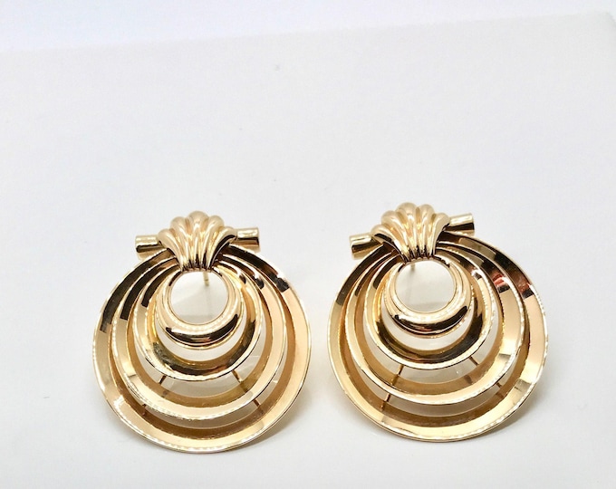 Yellow Gold Heavy Art Deco Earrings, Pierced Vintage Earrings, Art Deco Earrings, Pierced Art Deco Earrings