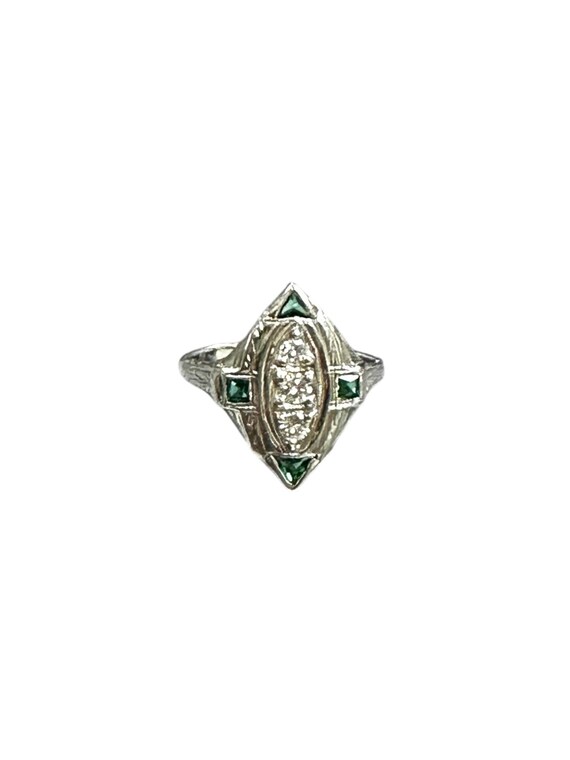 Edwardian 18K White Gold Diamond & Lab Emerald Fi… - image 7