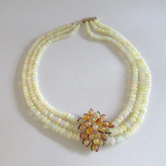 Triple Strand Opal Necklace: Sapphire, Ruby, Emer… - image 1