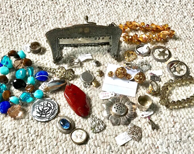 Bits and Pieces of Jewelry, Bracelet, Broken Purse Frame German Silver, Sterling Earrings, Sterling Ring, Up-Cycle Jewelry