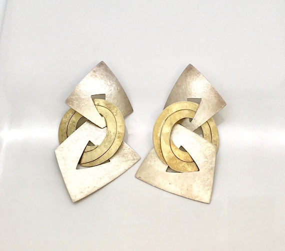 Signed Kanda Sterling Silver and Brass Pierced Ea… - image 1