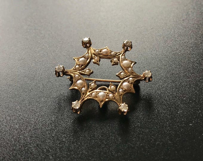Yellow Gold Pearl and Diamond Circle Pin/Pendant, Pearl Pin/Pendant, Circle Pin/Pendant, Victorian Circle Pin/Pendant, Victorian Pin/Pendant