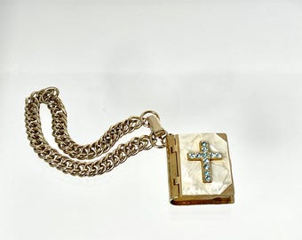 Vintage Gold Tone Bible Locket Charm with Blue Rhinestones and Rosary, Vintage Bible Locket, Vintage Rosary, Vintage Bible with Rhinestones
