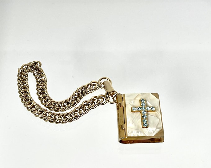 Vintage Gold Tone Bible Locket Charm with Blue Rhinestones and Rosary, Vintage Bible Locket, Vintage Rosary, Vintage Bible with Rhinestones