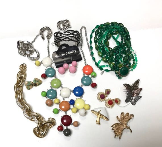 Bits and Pieces of Costume Jewelry, Recycle Jewelry, Up Cycle Jewelry,  Broken Jewelry For Crafts, Pins, Necklaces, Earrings, Butterfly Pin