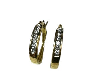 Elegant Vintage 14K Yellow Gold Channel Set Diamond Hoops