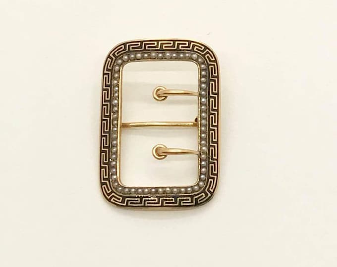 Vintage 14 Karat Yellow Gold Black Enamel and Seed Pearl Buckle Pin, Antique