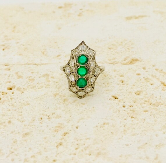 Antique Platinum Emerald and Diamond Ring, Emeral… - image 5