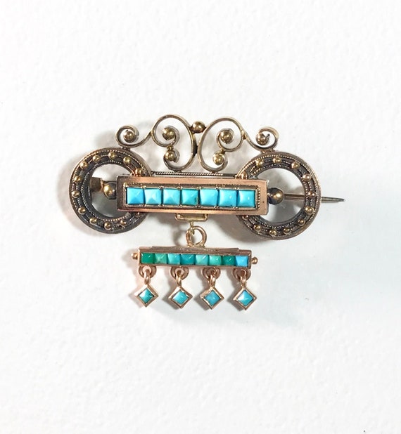 Authentic Antique Victorian 14K Gold Turquoise Brooch: Antique Dangle Pin