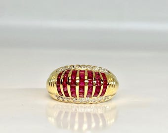 Vintage 18K Yellow Gold Ruby Diamond Dinner Ring, Size 6.5