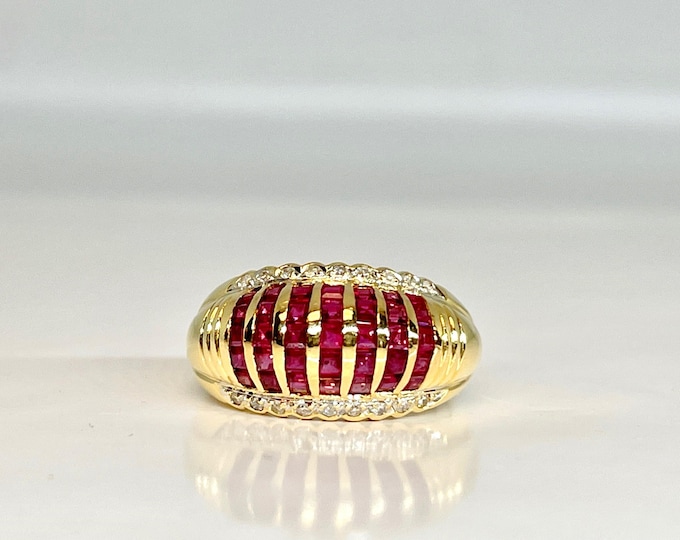 Vintage Yellow Gold Ruby and Diamond Dinner Ring, Diamond and Ruby Ring, Square Cut Ruby Ring, July Birthstone Ring