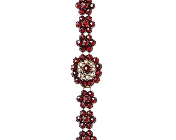 Authentic Antique Victorian Bohemian Cut Garnet Bracelet, Floral Link, Gift for Her