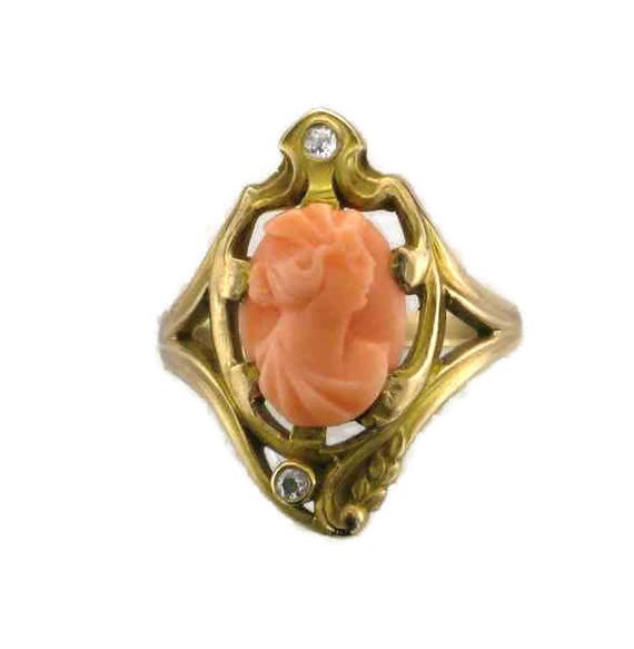 Yellow Gold Art Nouveau Coral And Diamond Ring, Co