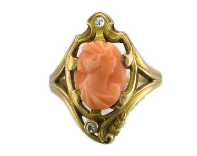 Yellow Gold Art Nouveau Coral And Diamond Ring, Coral Ring, Coral and Diamond, Cameo Ring, Coral Cameo Ring, Art Nouveau Ring, Antique Ring