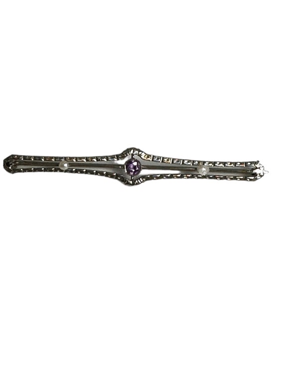 10 Karat White Gold Amethyst and Pearl Bar Pin,  E