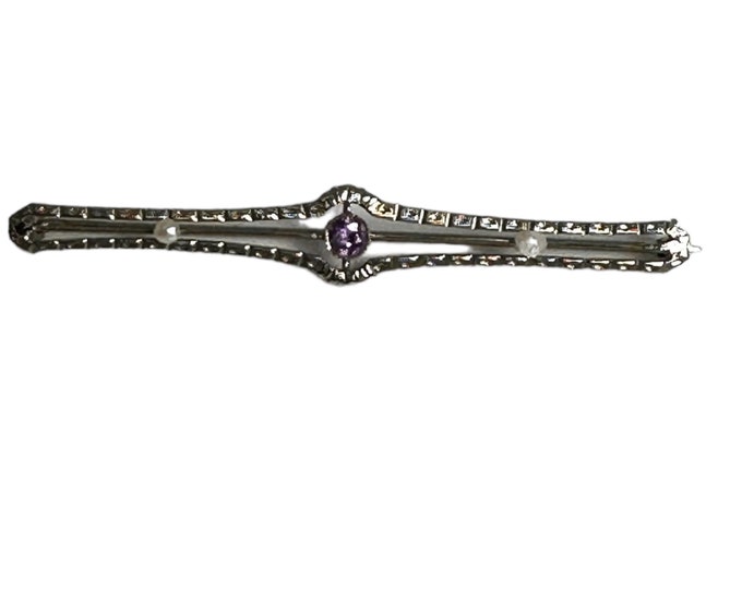 10 Karat White Gold Amethyst and Pearl Bar Pin,  Edwardian Amethyst Bar Pin, Amethyst Brooch