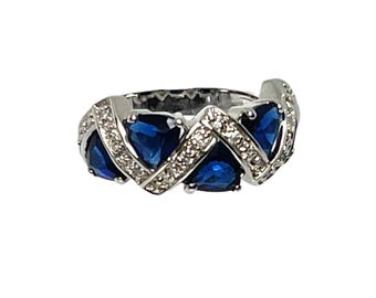 Sterling Silver Cubic Zirconia Ring: Blue Sapphire Triangle Cut, Size 7