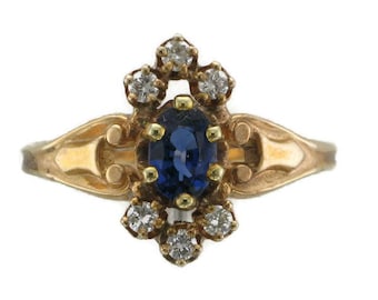 Yellow Gold Blue Sapphire and Diamond Victorian Ring; Victorian Sapphire Ring; Victorian Ring; Blue Sapphire Ring