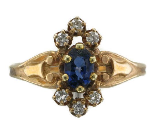 Yellow Gold Blue Sapphire and Diamond Victorian R… - image 1