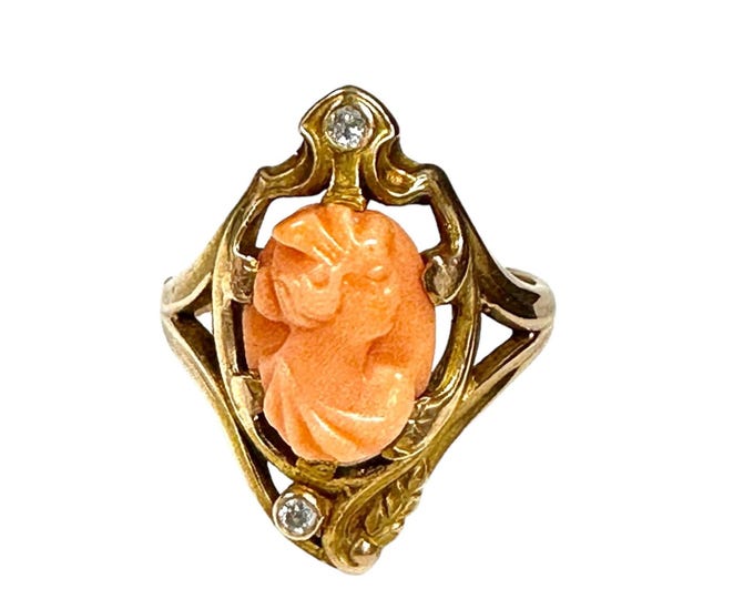 Coral Cameo Ring, Art Nouveau Style in Yellow Gold