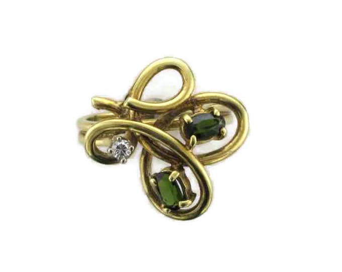 14 Karat Yellow Gold Green Sapphire and Diamond Free Form Ring