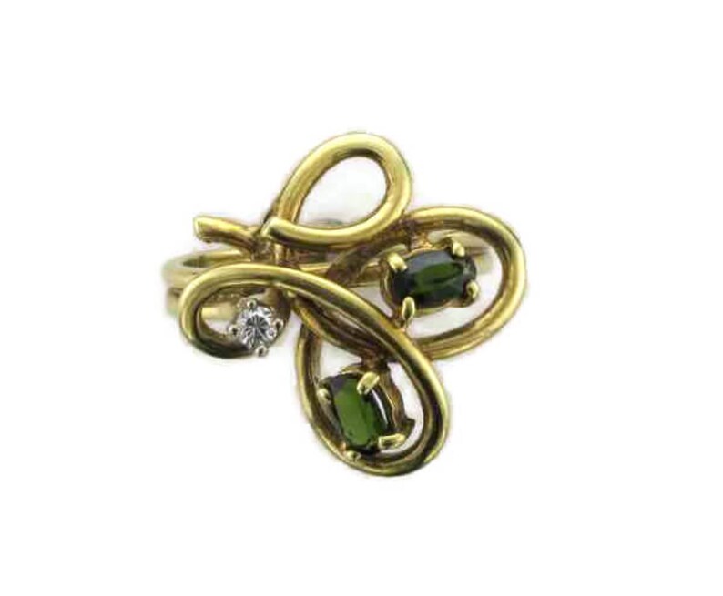 14 Karat Yellow Gold Green Sapphire and Diamond Free Form Ring image 1