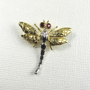 Vintage 14K Gold Dragonfly Brooch with Ruby Eyes