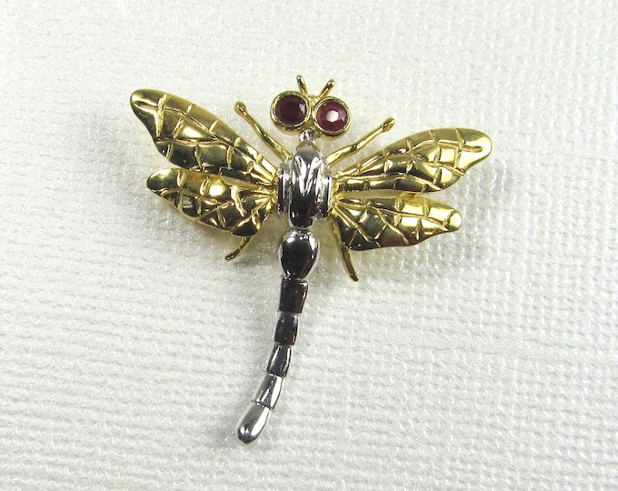 Vintage 14K Gold Dragonfly Brooch with Ruby Eyes