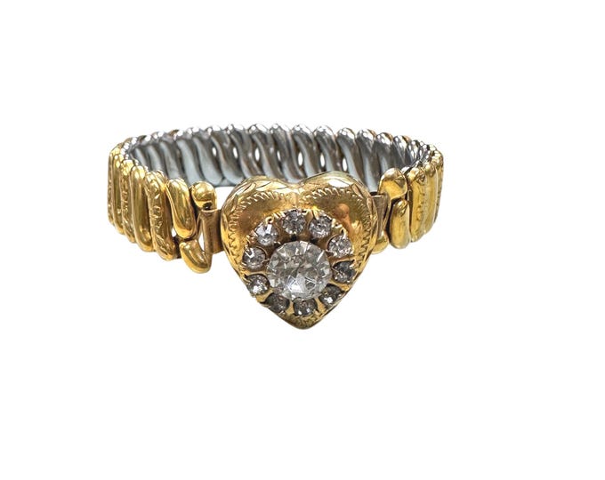 1950s 10 Karat Yellow Gold Filled Expansion Bracelet with Rhinestone Accented Heart Design