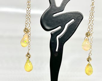 Yellow Gold Opal Dangle Earrings, Handcrafted Opal earrings, Tear Drop Opal Earring, Pierced Opal Earrings