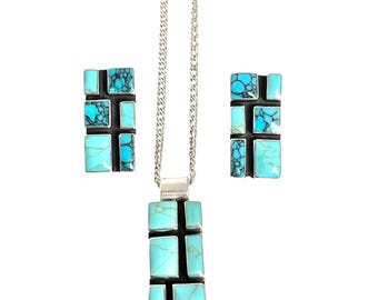 Signed Sterling Silver Turquoise Earring and Pendant Set, Turquoise Parure, Sterling Turquoise Geometric Design Set