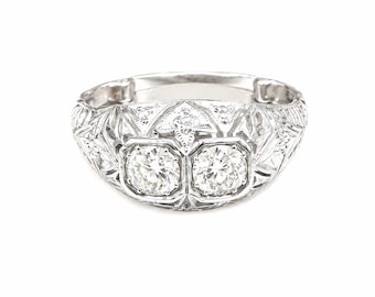 Authentic 18 Karat Antique Filigree Diamond Ring, Ring with Two European Cut Diamonds