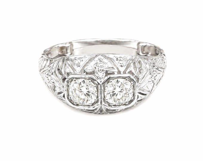 Authentic 18 Karat Antique Filigree Diamond Ring, Ring with Two European Cut Diamonds