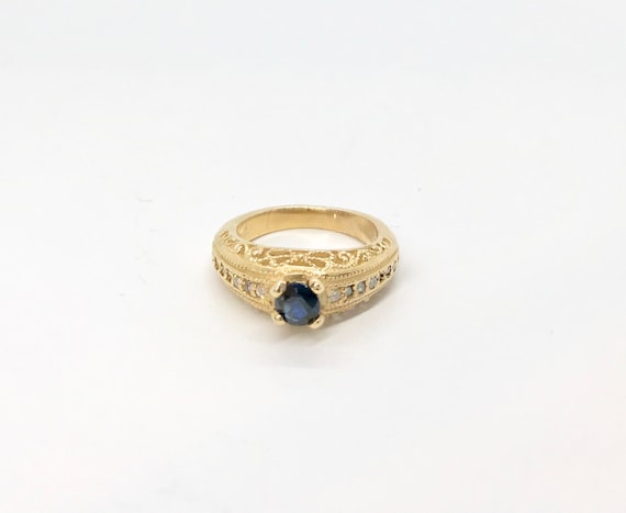 Yellow Gold Sapphire and Diamond Filigree Ring - image 2