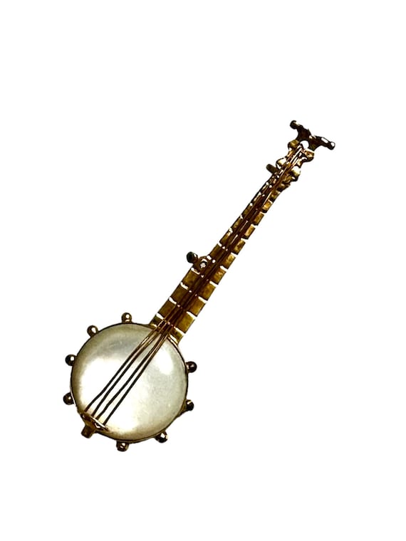 Antique 9 Carat Yellow Gold English Banjo Brooch Hallmarked Banjo